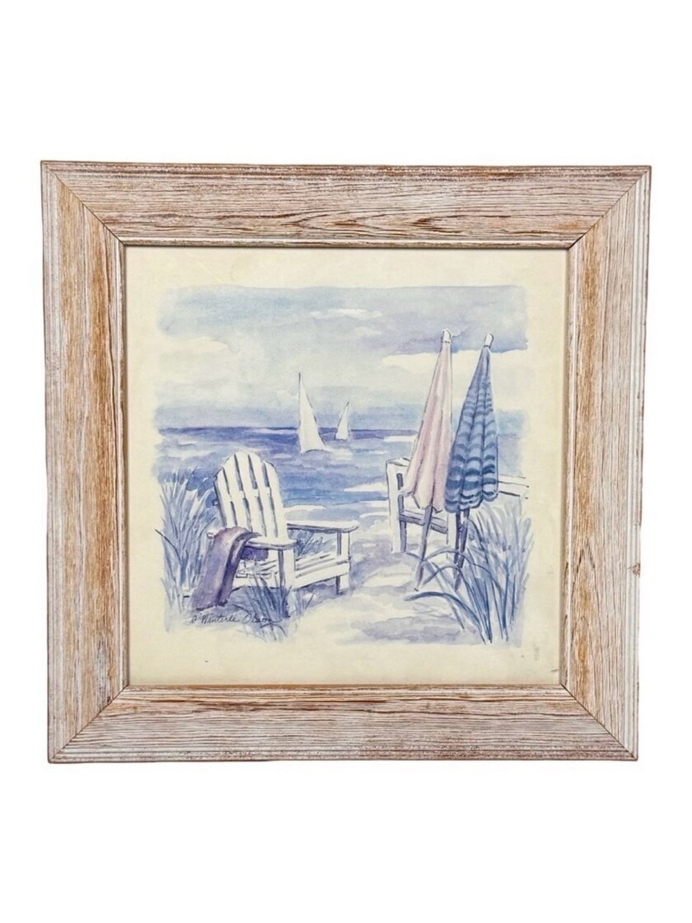 VTG C Winterle Olson Beach Watercolor Art Print Square Frame Signed Coastal 11.5